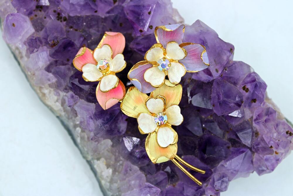 Austrian Enamel Aurora Borealis Goldtone Floral Bouquet Brooch